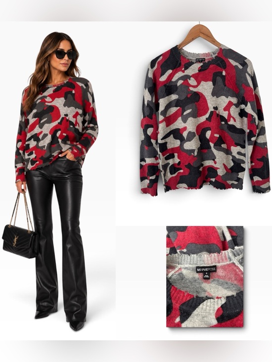 Minnie Rose Sweaters - Minnie Rose Distressed Cashmere Crew Neck Camo Sweater - Size Small